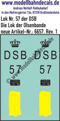 Nass-Schiebebilder: Lok-Komplettbeschriftung Lok 57 der DSB - Die Lok der Olsenbande, Epoche 3-4. Artikel-Nummer: 6657